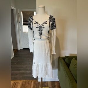 Free People Black and White Embroidered Long Sleeve Dress